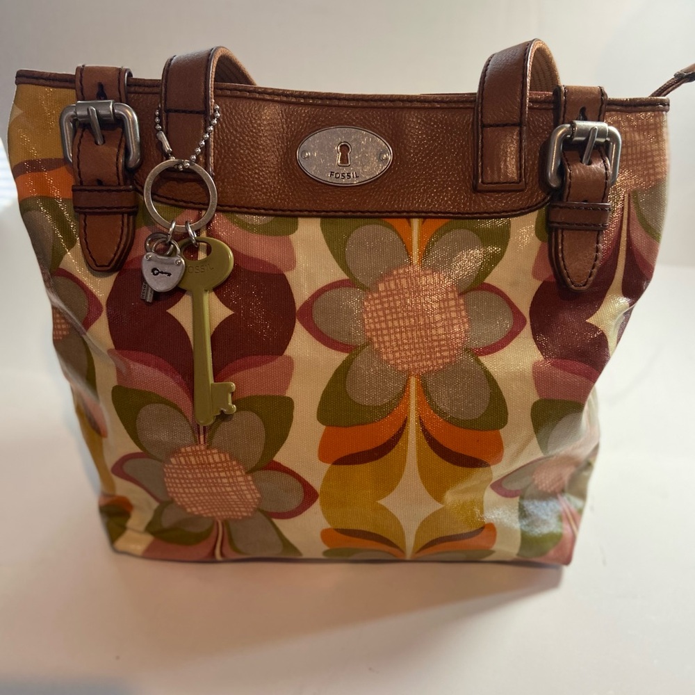 Fossil~Key-Per~Shiny~Colorful~Retro~Floral~Canvas w/Brown Leather Detail~Handbag